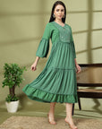 Tiered Rayon Crinkle Flared Dress with Embroidered Yoke & Bell Sleeves