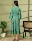 Tiered Rayon Crinkle Flared Dress with Embroidered Yoke & Bell Sleeves