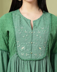 Tiered Rayon Crinkle Flared Dress with Embroidered Yoke & Bell Sleeves