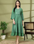 Tiered Rayon Crinkle Flared Dress with Embroidered Yoke & Bell Sleeves