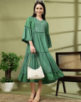 Tiered Rayon Crinkle Flared Dress with Embroidered Yoke & Bell Sleeves