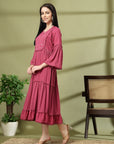 Tiered Rayon Crinkle Flared Dress with Embroidered Yoke & Bell Sleeves