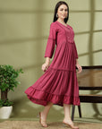Tiered Rayon Crinkle Flared Dress with Embroidered Yoke & Bell Sleeves