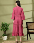 Tiered Rayon Crinkle Flared Dress with Embroidered Yoke & Bell Sleeves