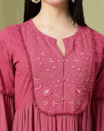 Tiered Rayon Crinkle Flared Dress with Embroidered Yoke & Bell Sleeves