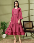 Tiered Rayon Crinkle Flared Dress with Embroidered Yoke & Bell Sleeves