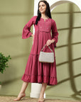 Tiered Rayon Crinkle Flared Dress with Embroidered Yoke & Bell Sleeves