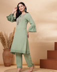 Solid Straight Rayon Kurta with Ethnic Embroidery and Palazzo Set