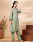 Solid Straight Rayon Kurta with Ethnic Embroidery and Palazzo Set
