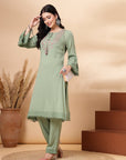 Solid Straight Rayon Kurta with Ethnic Embroidery and Palazzo Set