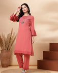 Solid Straight Rayon Kurta with Ethnic Embroidery and Palazzo Set