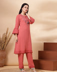 Solid Straight Rayon Kurta with Ethnic Embroidery and Palazzo Set