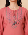 Solid Straight Rayon Kurta with Ethnic Embroidery and Palazzo Set