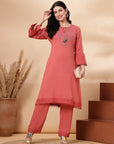 Solid Straight Rayon Kurta with Ethnic Embroidery and Palazzo Set