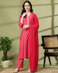 Ethnic Motif Printed Straight Modal Kurta Set with Striped Palazzo & Laced Dupatta