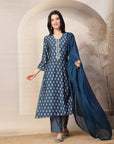 Ethnic Motif Printed Straight Modal Kurta Set with Striped Palazzo & Laced Dupatta