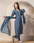 Ethnic Motif Printed Modal Kurta Set with Striped Palazzo & Lace-Trimmed Dupatta