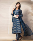 Ethnic Motif Printed Modal Kurta Set with Striped Palazzo & Lace-Trimmed Dupatta