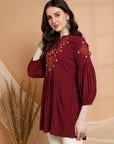 Solid Embroidered Flared Rayon Kurti