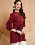 Solid Embroidered Flared Rayon Kurti