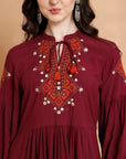Solid Embroidered Flared Rayon Kurti