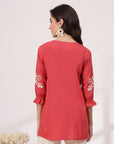Thread Embroidered Red Cotton Top with Lace-Trim Sleeves