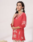 Thread Embroidered Red Cotton Top with Lace-Trim Sleeves