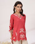Thread Embroidered Red Cotton Top with Lace-Trim Sleeves