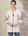 Cotton Straight Kurti with Thread Embroidery & Tie-Up Mandarin Collar