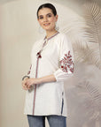 Cotton Straight Kurti with Thread Embroidery & Tie-Up Mandarin Collar