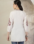 Cotton Straight Kurti with Thread Embroidery & Tie-Up Mandarin Collar