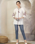 Cotton Straight Kurti with Thread Embroidery & Tie-Up Mandarin Collar