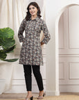 Floral Printed Straight Modal Chanderi Kurti with Shirt Collar