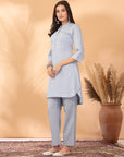 Embroidered Cotton Dobby High-Low Kurta Set with Lace Hem Palazzo