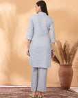 Embroidered Cotton Dobby High-Low Kurta Set with Lace Hem Palazzo
