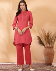 Solid Cotton Dobby A-Line Tunic with Embroidered Mesh Lace & Palazzo Co-ord Set