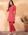 Solid Cotton Dobby A-Line Tunic with Embroidered Mesh Lace & Palazzo Co-ord Set