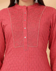Solid Cotton Dobby A-Line Tunic with Embroidered Mesh Lace & Palazzo Co-ord Set
