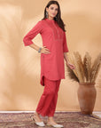 Solid Cotton Dobby A-Line Tunic with Embroidered Mesh Lace & Palazzo Co-ord Set