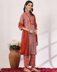 Floral Cotton Kurta Set with Striped Palazzo and Chiffon Dupatta