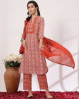Floral Cotton Kurta Set with Striped Palazzo and Chiffon Dupatta