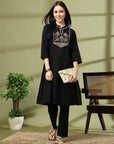 Solid A-Line Cotton Flex Kurta Set with Embroidery & Lace Detail