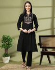 Solid A-Line Cotton Flex Kurta Set with Embroidery & Lace Detail