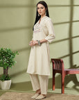 Solid A-Line Cotton Flex Kurta Set with Embroidery & Lace Detail