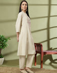 Solid A-Line Cotton Flex Kurta Set with Embroidery & Lace Detail