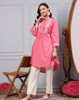 Embroidered High-Low Cotton Cambric Tunic with Mandarin Collar