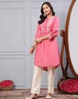 Embroidered High-Low Cotton Cambric Tunic with Mandarin Collar