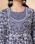 Paisley Printed Straight Cambric Kurta Set with Thread Embroidery and Laced Dupatta