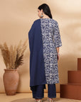 Paisley Printed Straight Cambric Kurta Set with Thread Embroidery and Laced Dupatta