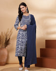 Paisley Printed Straight Cambric Kurta Set with Thread Embroidery and Laced Dupatta